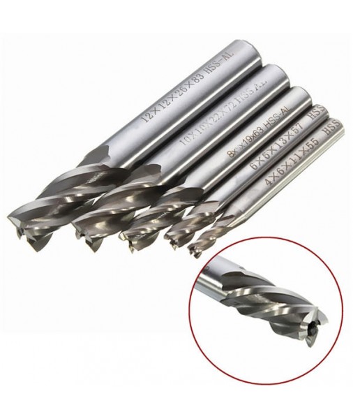 Drillpro DB-M2 5pcs 4/6/8/10/12mm 4 Flute End Mill Cutter HSS Straight Shank Drill Bits